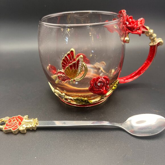 Other - Enamel Decorated Glass Mug and Spoon Set